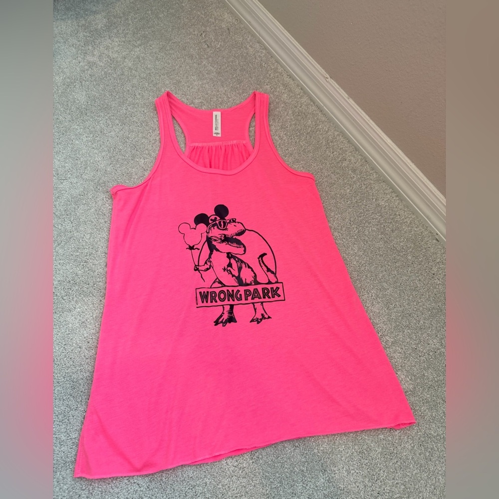 Bella Canvas Neon Pink Wrong Park Mickey Dinosaur Tank Top, size M